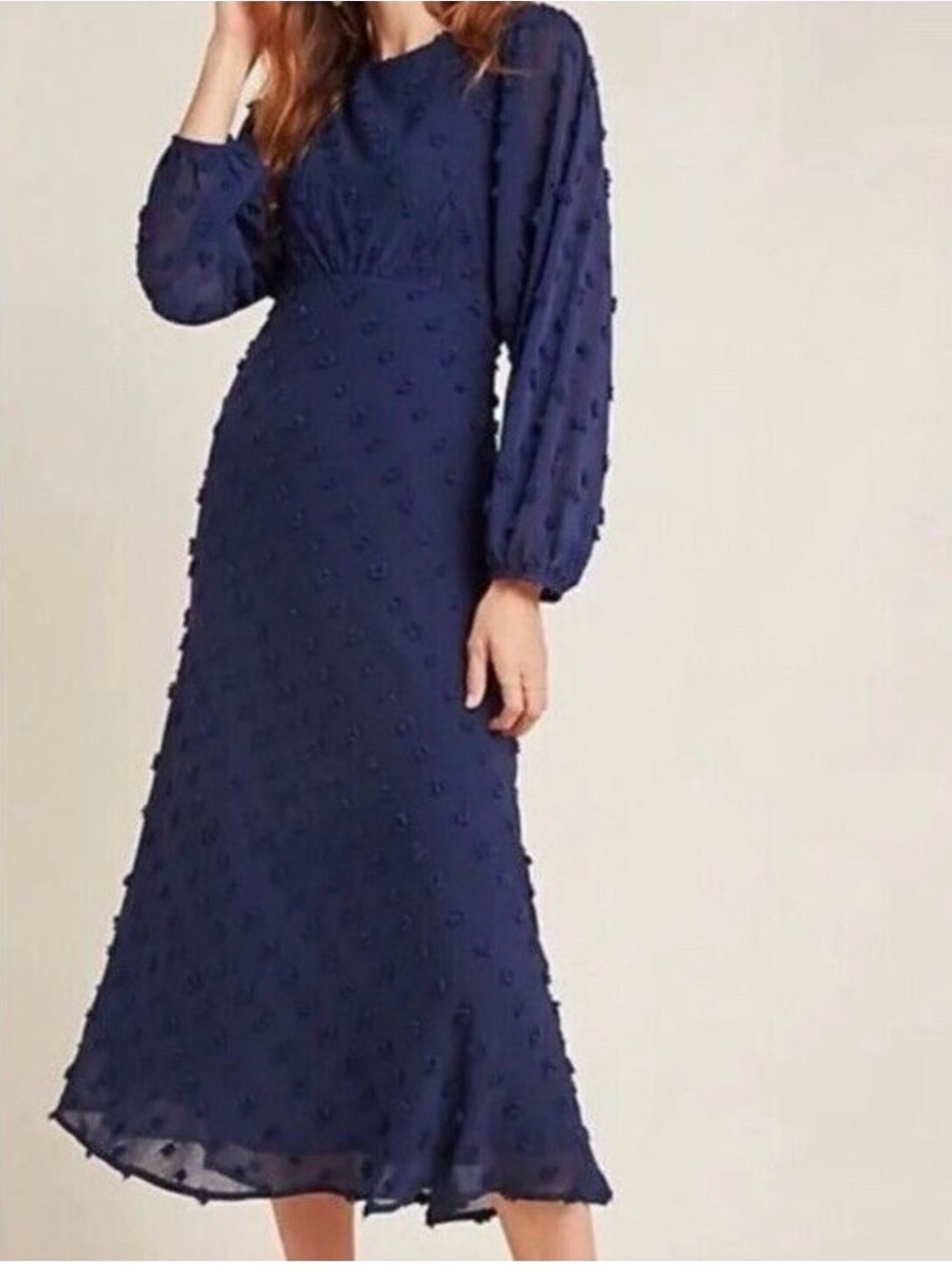 Anthro Eri + Ali Michaela Textured Swiss Dot Midi Navy Dress size 2
